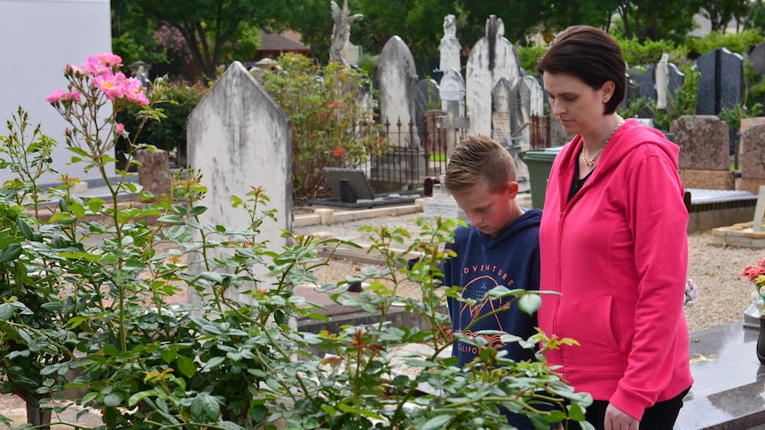 Patrina and Jamie Cole at the cemetery visiting Pietro De Cicco's ashes