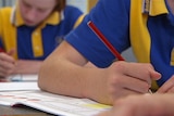 Generic TV still of 2 anonymous students writing at school desk at unidentified Qld primary school.