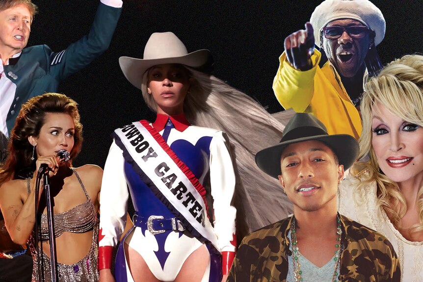 Collage photo of Willie Nelson, Paul McCartney, Miley Cyrus, Beyonce, Pharrell Williams, Nile Rodgers and Dolly Parton