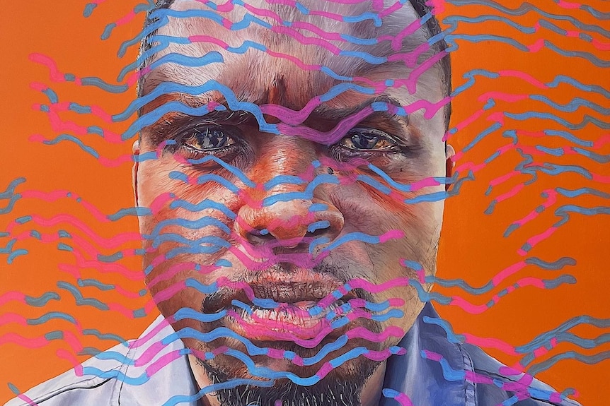 An oil painting of a dark skinned man with purple and blue squiggled lines across it