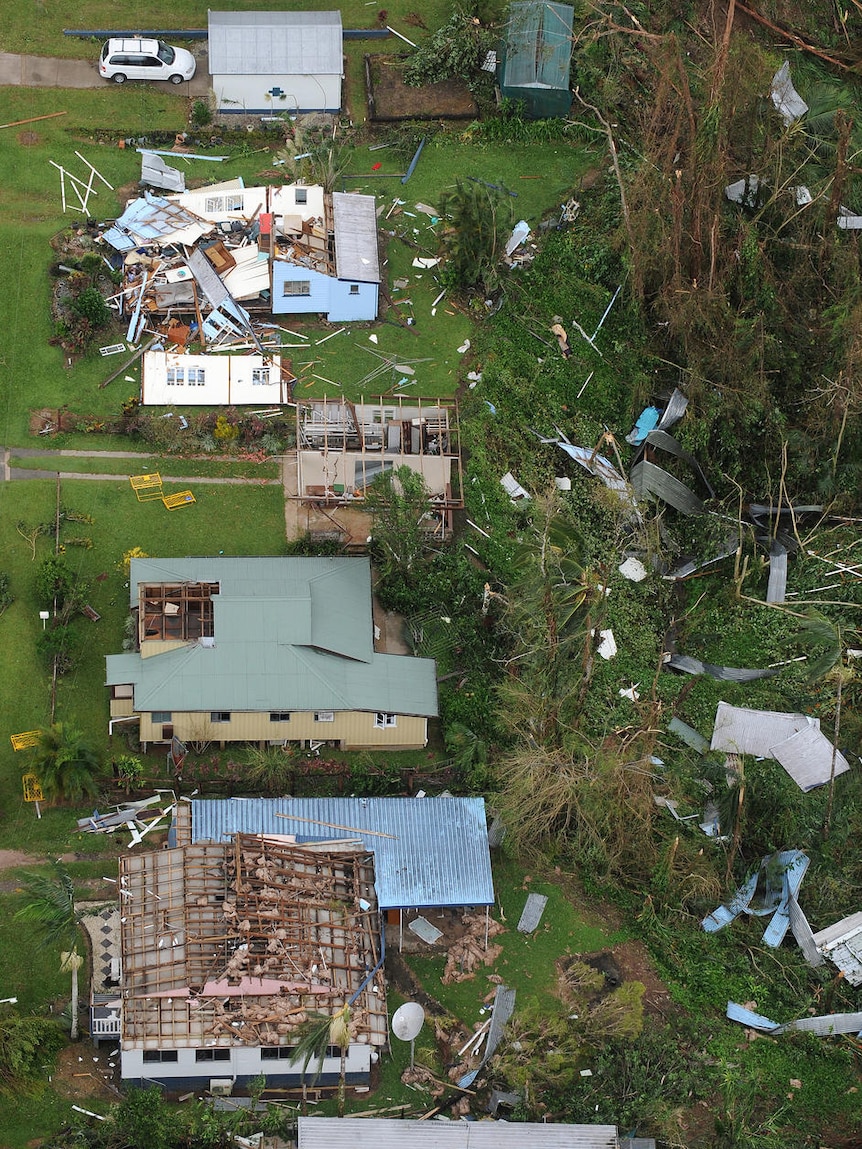 An aerial view of wrecked homes after a cyclone