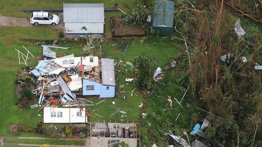 Aerial photo of homes destroyed in Tully in North Queensland on February 3, 2011 after category five Tropical Cyclone Yasi.