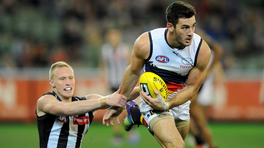Adelaide's Taylor Walker takes a mark ahead of Collingwood's Jack Frost in round 17, 2014.