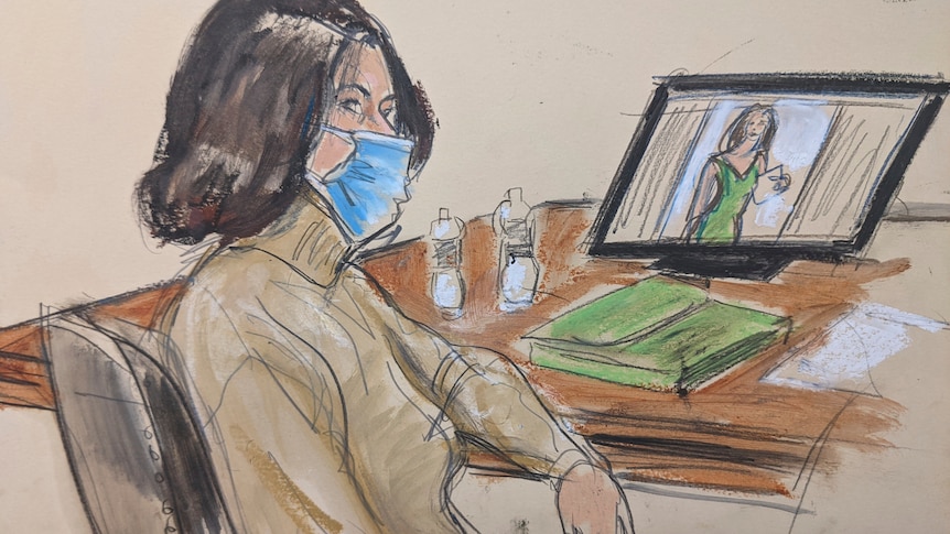 A courtroom sketch shows Ghislaine Maxwell seated at the defense table while watching testimony of a witness.