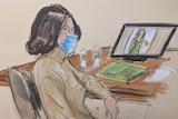 A courtroom sketch shows Ghislaine Maxwell seated at the defense table while watching testimony of a witness.