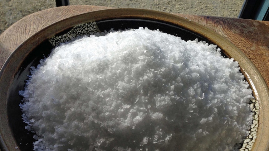 A bowl of gourmet sea salt at Little Swanport on Tasmania's east coast.