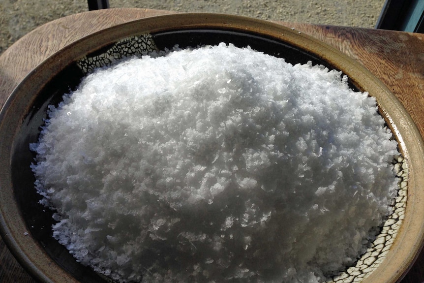 A bowl of gourmet sea salt at Little Swanport on Tasmania's east coast.