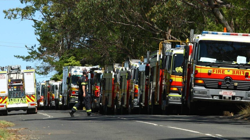 Fire tankers line a road in Faulconbridge.