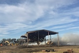 A damaged shed, the only thing remaining after a haystack fire in Douglas, western Victoria.