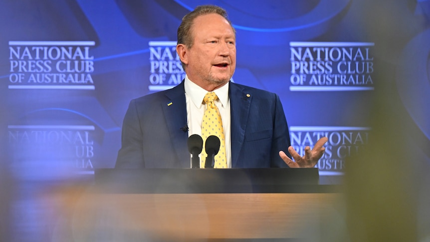 A man in a blue suit, white collared shirt and yellow tie talks behind a lectern with National Press Club written on the wall.