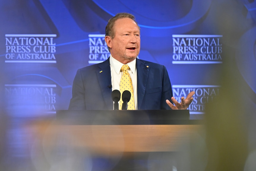 A man in a blue suit, white collared shirt and yellow tie talks behind a lectern with National Press Club written on the wall.