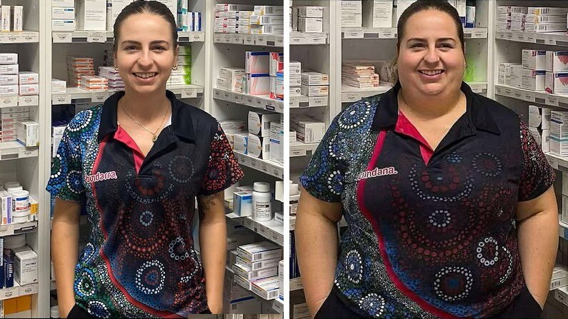Two photos one of a slim woman standing in a pharmacy, and another of the same women looking larger.