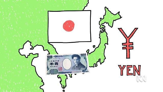 Map of Japan with Yen note and Japanese flag