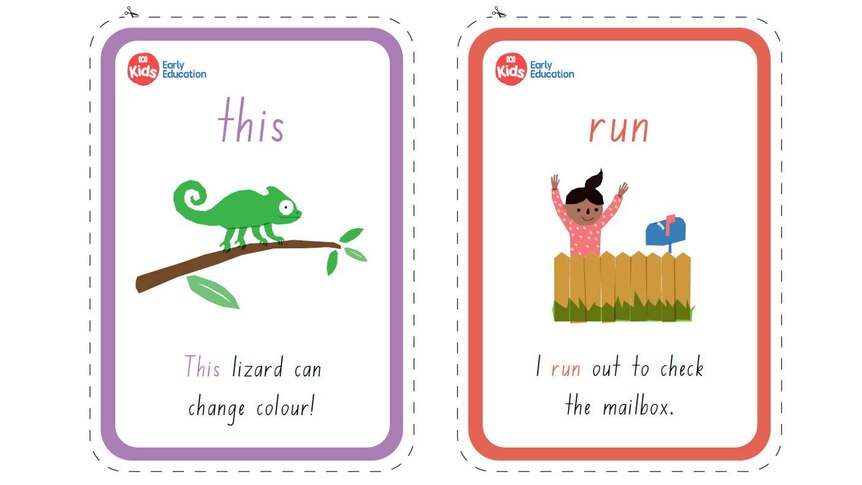 Two cards. "This lizard can change colour!" and "I run out to check the mailbox."