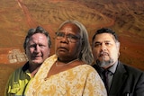 Andrew Forrest, a miner, an Indigenous woman and and an Indigenous man superimposed in front of a remote mine