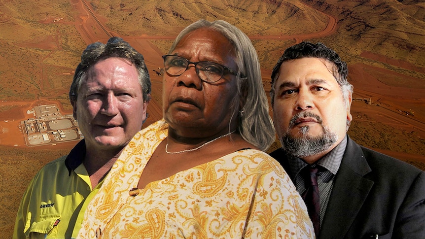 Andrew Forrest, a miner, an Indigenous woman and and an Indigenous man superimposed in front of a remote mine