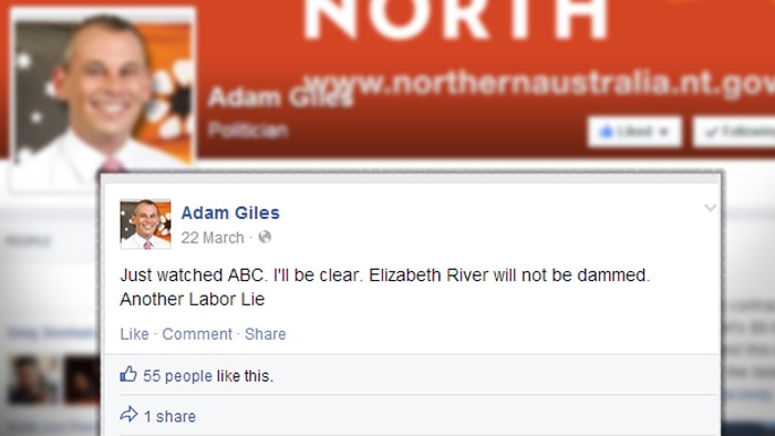 Adam Giles' Facebook post on Elizabeth River dam