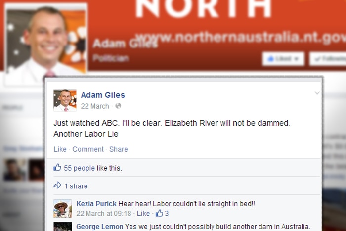 Adam Giles' Facebook post on Elizabeth River dam