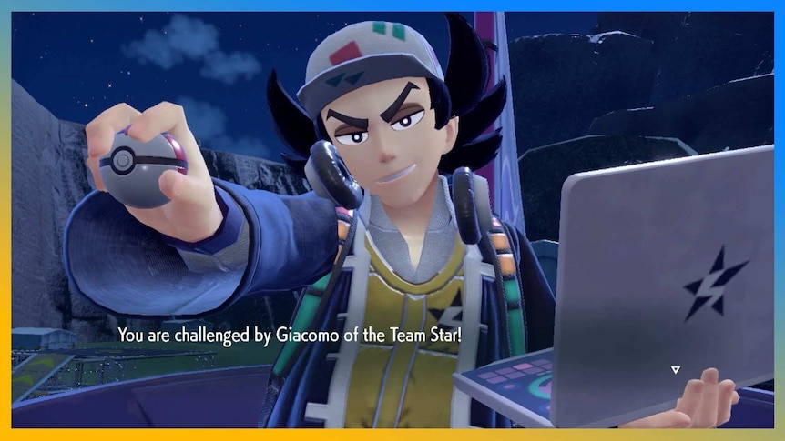 Giacomo from Pokemon Scarlet and Violet holds out a poke ball while holding a laptop.