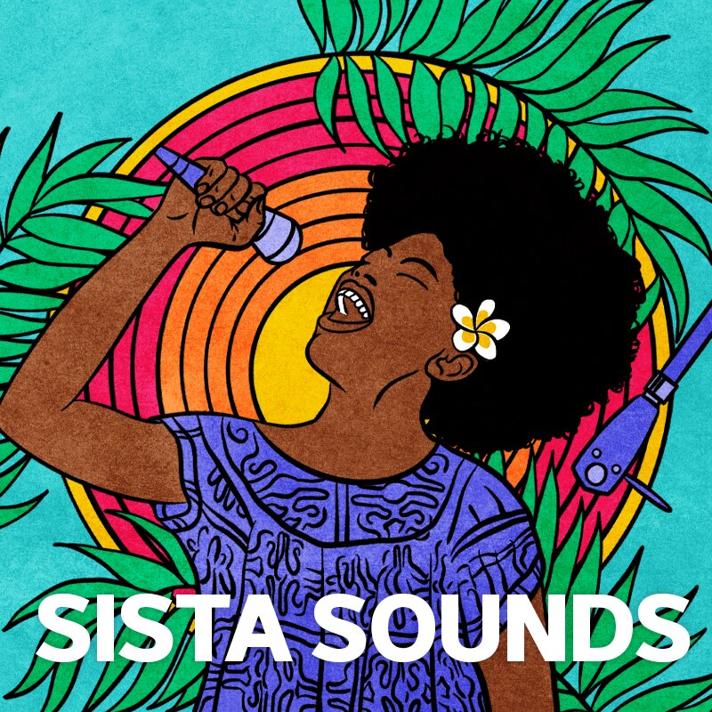 An illustration shows a woman singing into a microphone. The text reads: Sista Sounds.