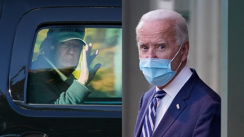 Trump in the car, Biden waves wearing a mask.