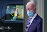 Trump in the car, Biden waves wearing a mask.