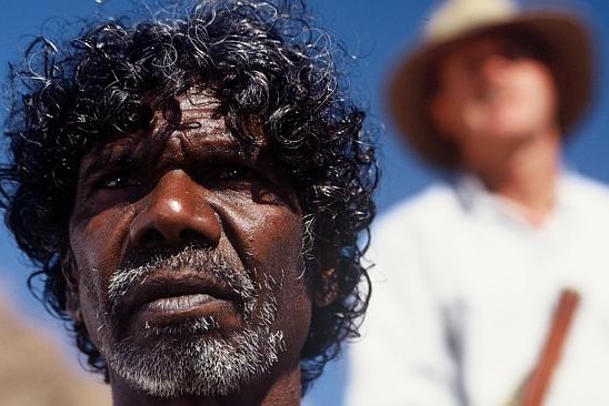 A still from The Tracker showing Dalaithngu in close-up.