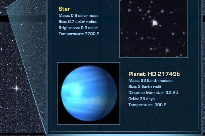 An illustration of a blue, watery-looking planet against the backdrop of a photo of the night sky.