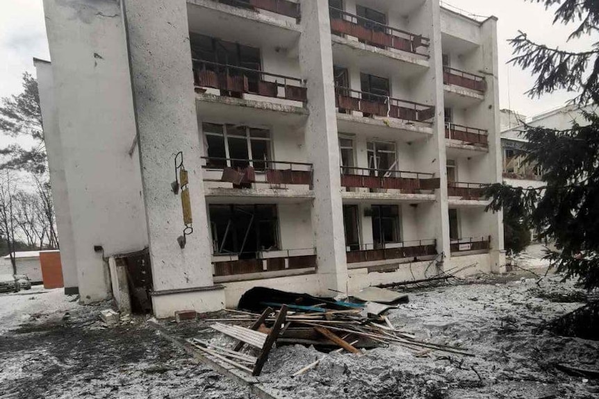 The remain of hotel in Sumy, Ukraine after air strikes.
