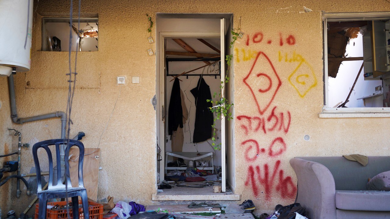 The front of a ruined house