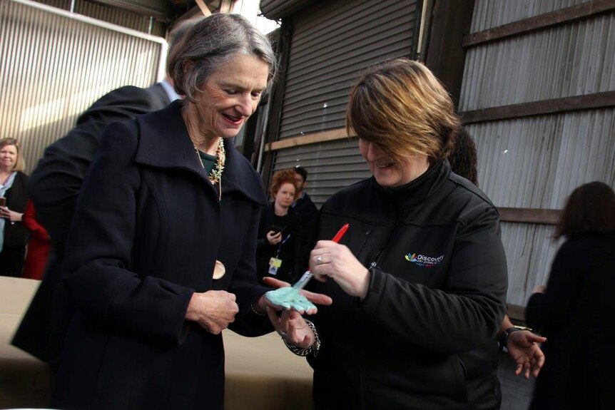 The Tasmanian Governor, Kate Warner, has her hand painted at the launch of the reconciliation council.