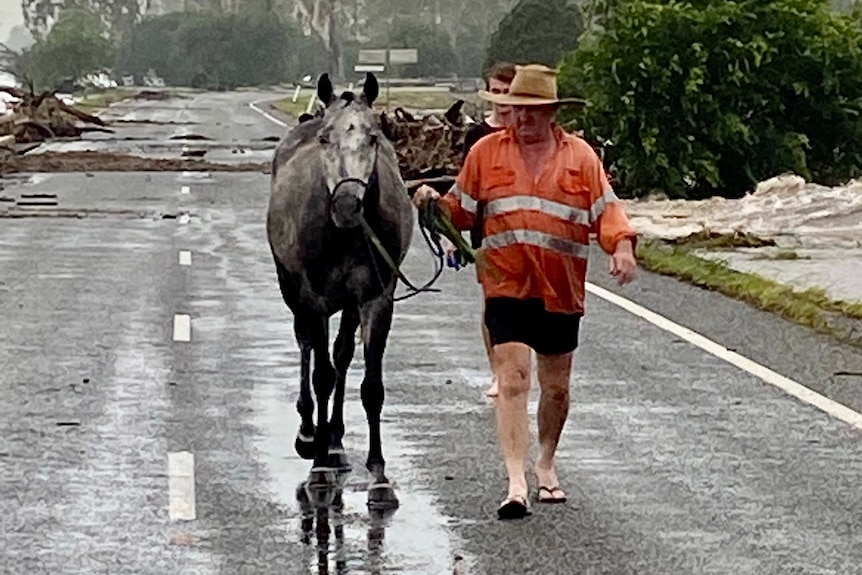 Man in orange top leads a horse down a road affected by floods