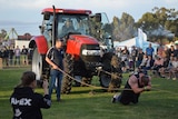 A man with big muscles has a chain around him and is pulling a bright red tractor.