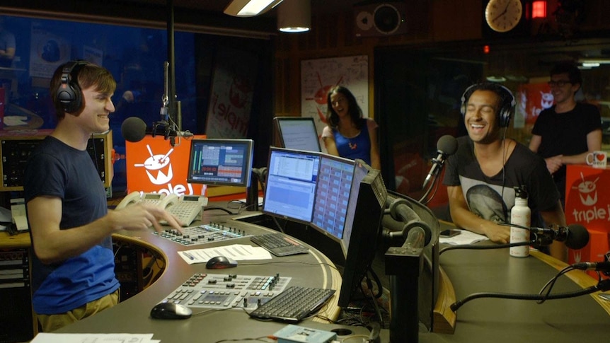 triple j hosts Alex Dyson and Matt Okine countdown the Hottest 100 in 2015 at the studio in Sydney.