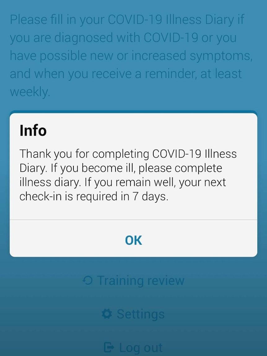 Screengrab of a COVID-19 vaccine trial check-in message.