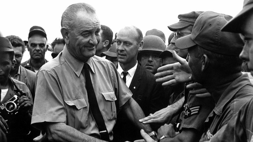 President Johnson greets American troops in Vietnam, 1966