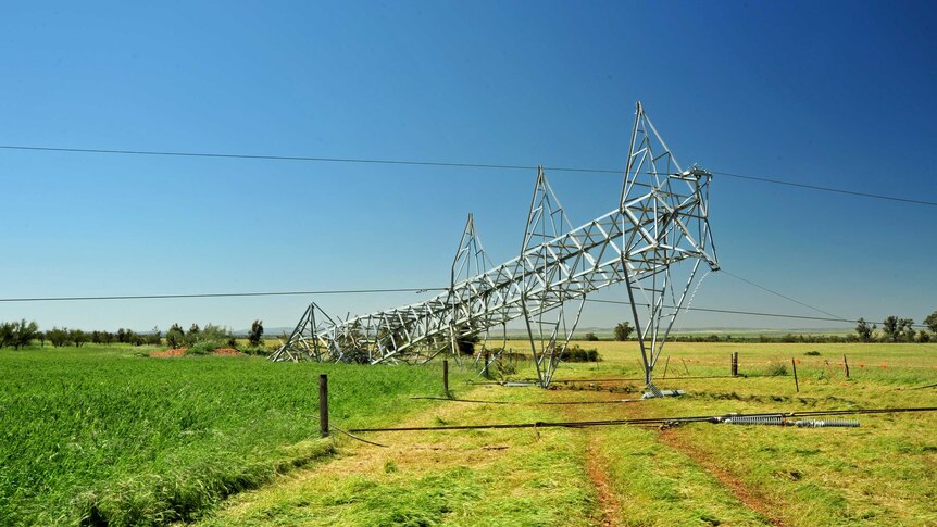 A power transmission tower damaged and lying on its side in South Australia.
