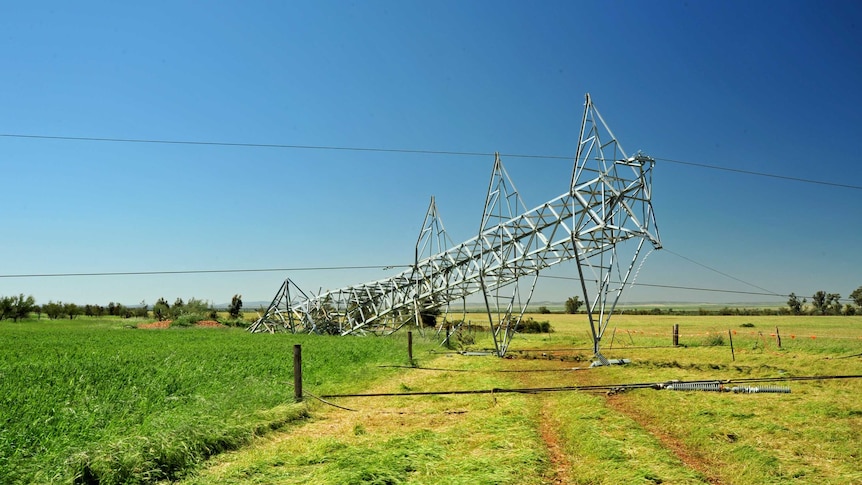 A power transmission tower damaged and lying on its side in South Australia.