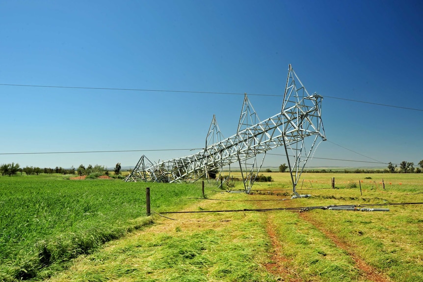 A power transmission tower damaged and lying on its side in South Australia.