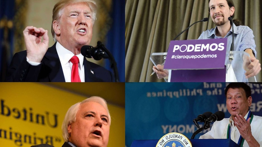 Composite image of Pablo Iglesias, Rodrigo Duterte, Donald Trump, Clive Palmer.