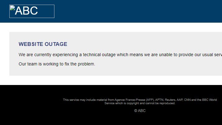 a screenshot of a the ABC website displaying a Website Outage notice