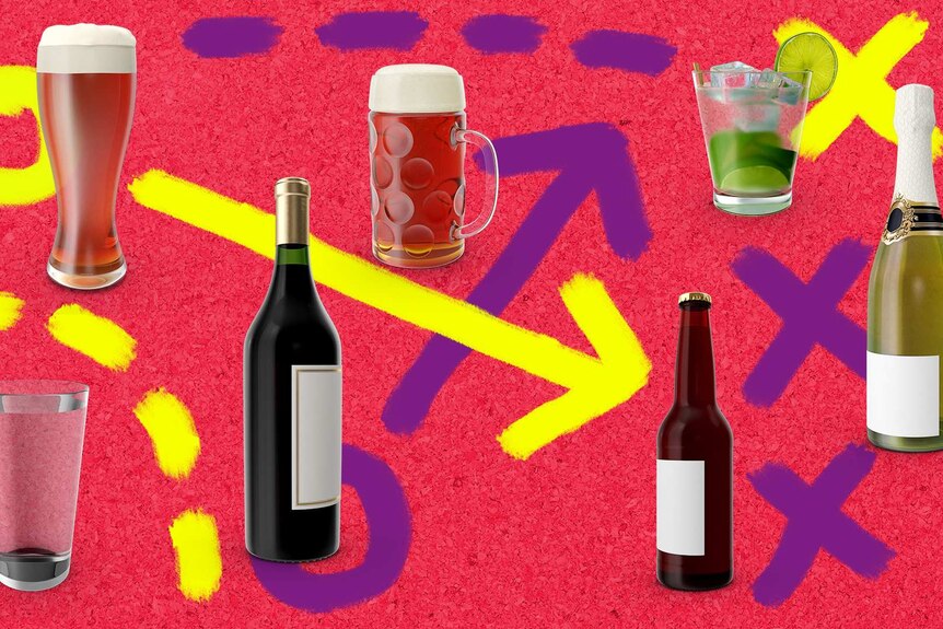 Various alcoholic drinks with sports-inspired tactical arrows and crosses suggesting the choices people make to reduce hangovers