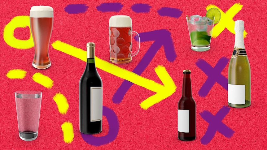 Various alcoholic drinks with sports-inspired tactical arrows and crosses suggesting the choices people make to reduce hangovers