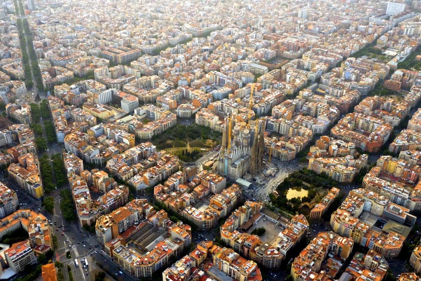 La Sagrada Familia cathedral viewed from the air.