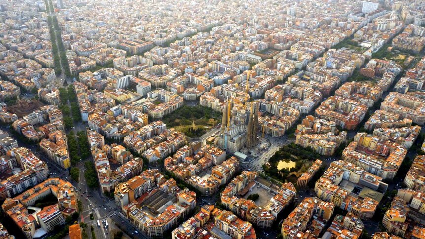 La Sagrada Familia cathedral viewed from the air.