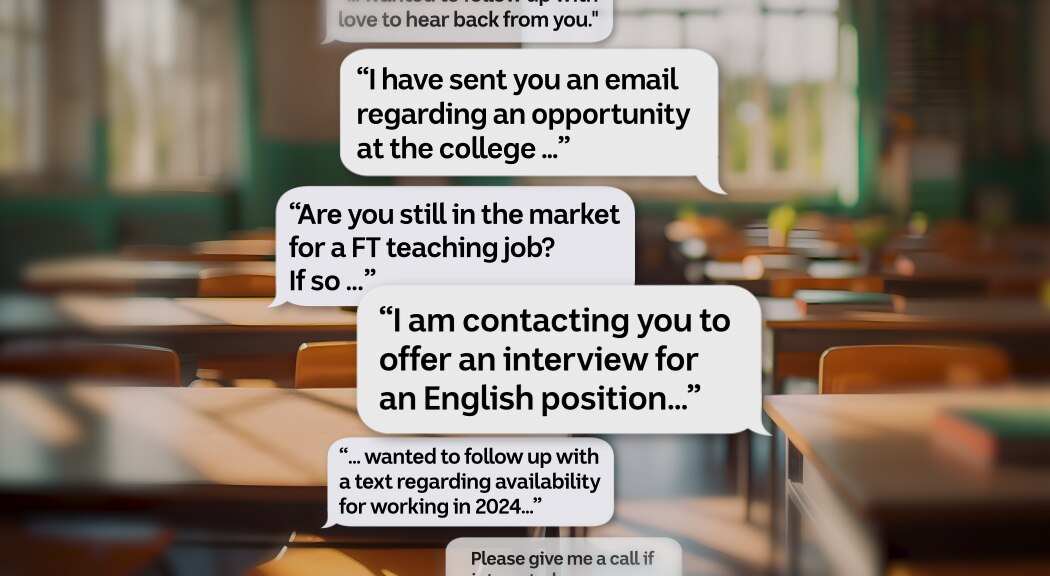 A graphic of text messages advertising teaching jobs.