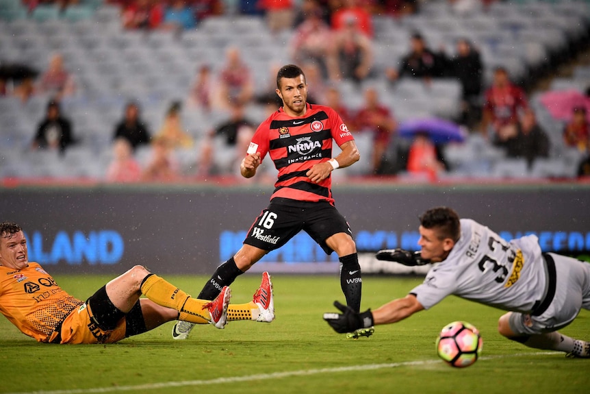 Jaushua Sotirio scores during a match between the Western Sydney Wanderers and Perth Glory.