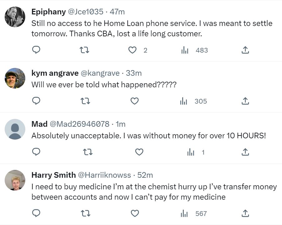 Four tweets complaining about a technical outage affecting Commonwealth Bank outages.