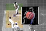 A cricket player bowling with the size of the ball blown up into a close up look graphic