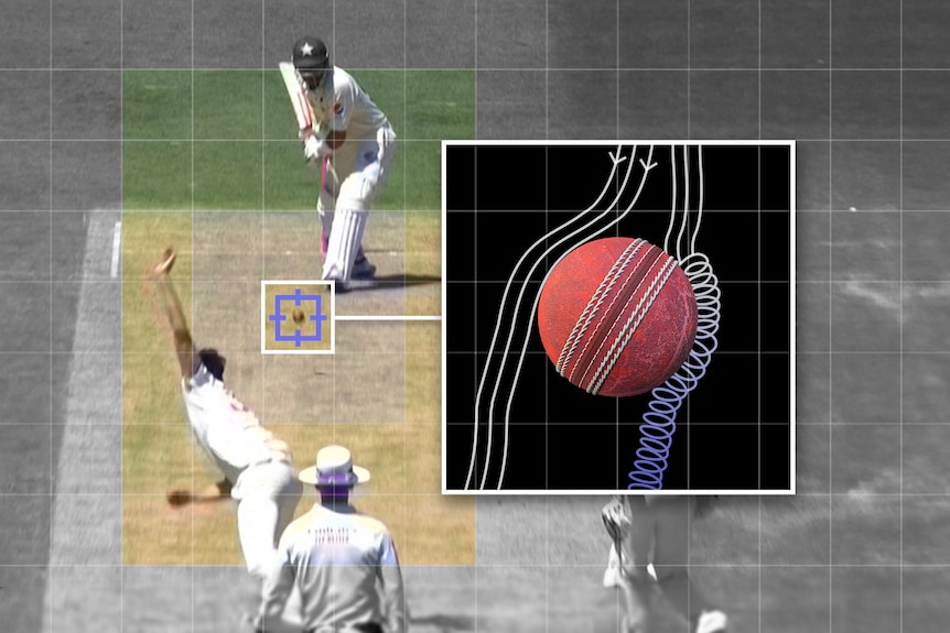 A cricket player bowling with the size of the ball blown up into a close up look graphic